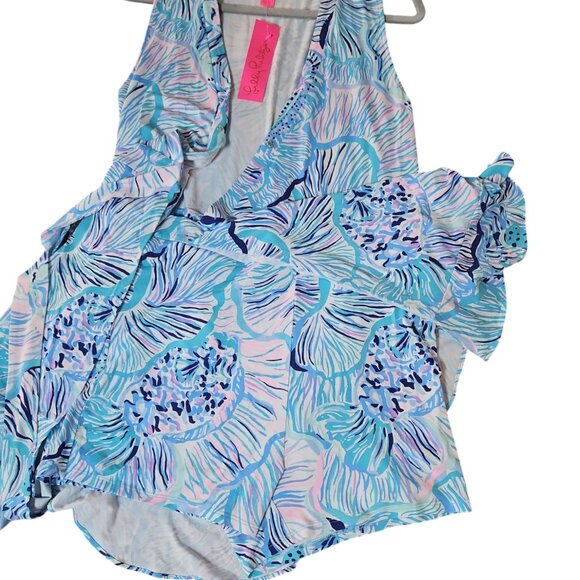 LILLY PULITZER NWT Rilla Wrap Romper in Bermuda Blue Fishful Thinking Size L - Picture 9 of 16